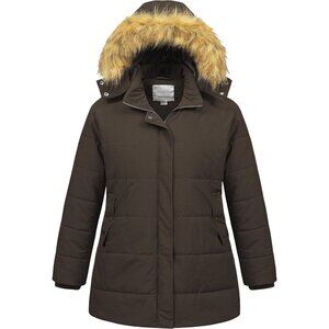Women's Coffee Long Puffer Hood Jacket Coat Waterproof Winter Warm Removable Fur
